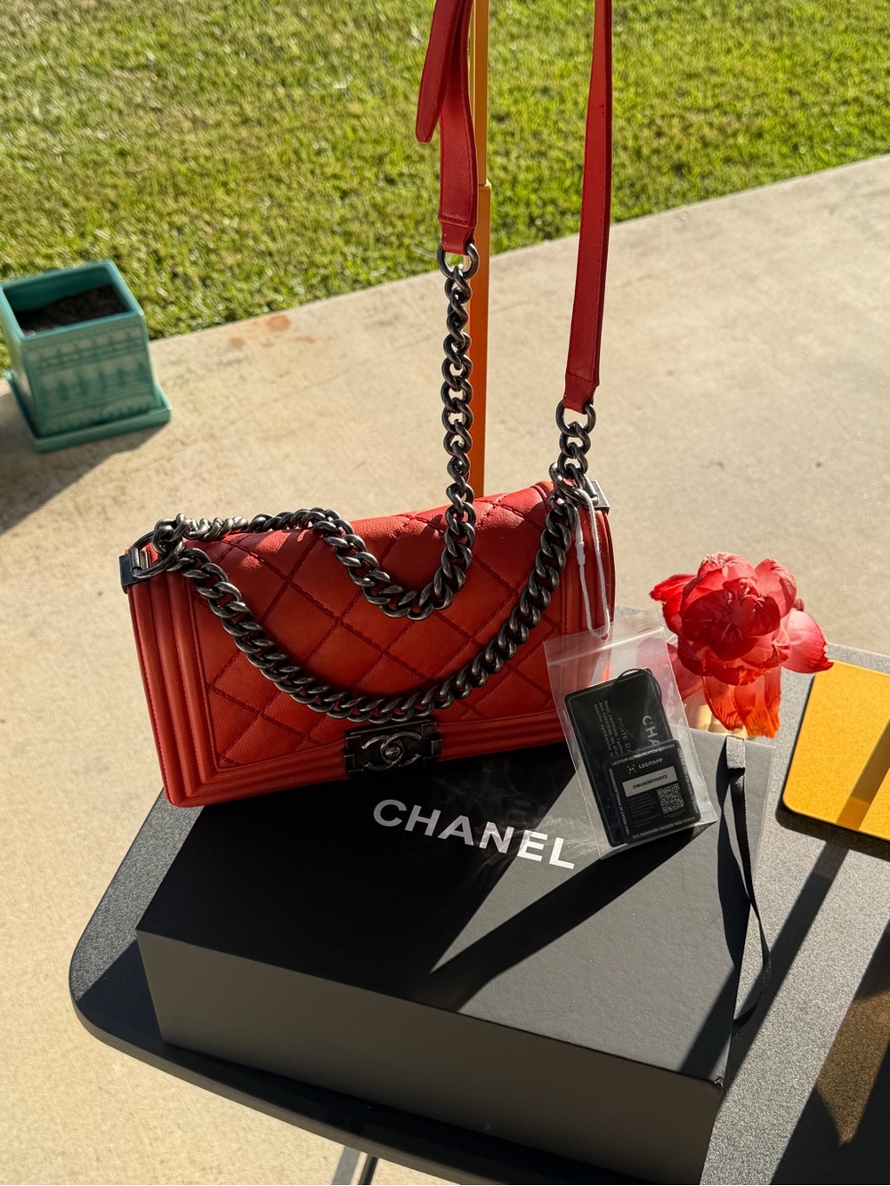 CHANEL Red Quilted Shoulder Boy Bag with Chunky Chain